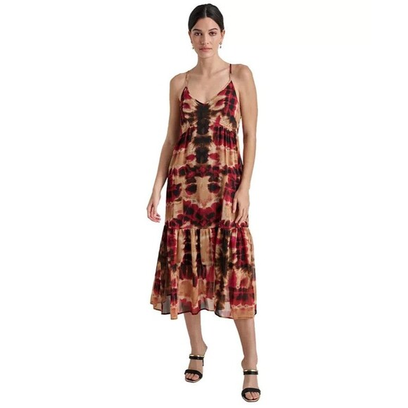DKNY Women's V Neck Lightweight Printed Chiffon Summer Midi Dress Multicolor L - Picture 1 of 10